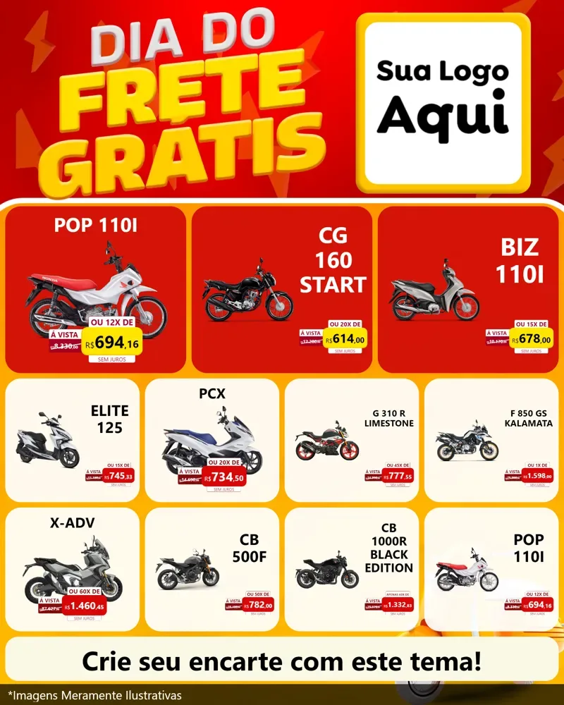 Modelo de Rede Social para Feed Instagram com o tema Dia do Frete Grátis para Concessionaria de Motos