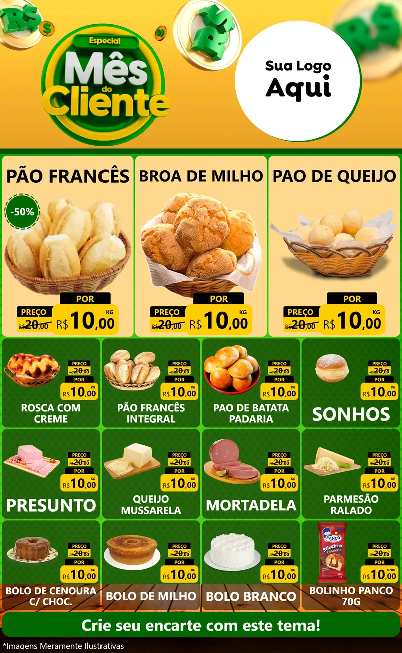 Modelo de Encarte para Encarte Grande com o tema Especial Mês do Cliente para Padaria