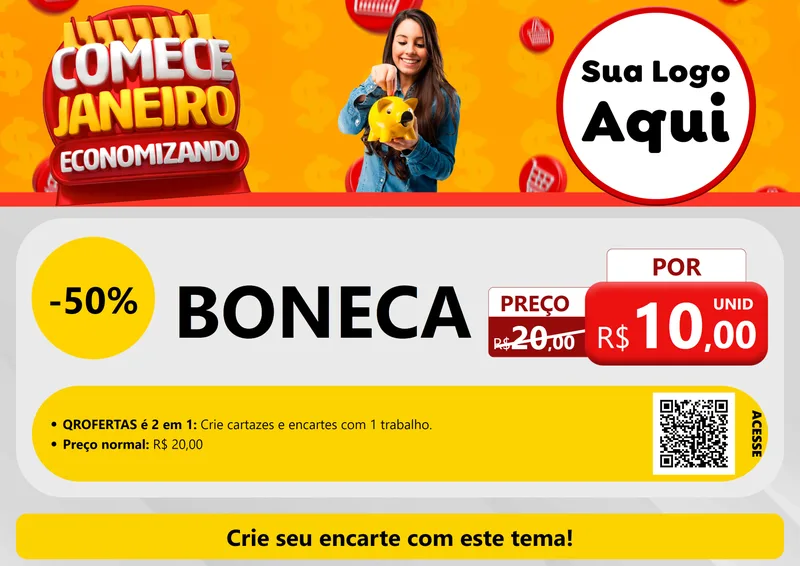 Modelo de Cartaz para Cartaz A4 Horizontal com o tema Comece Janeiro Economizando para Brinquedos