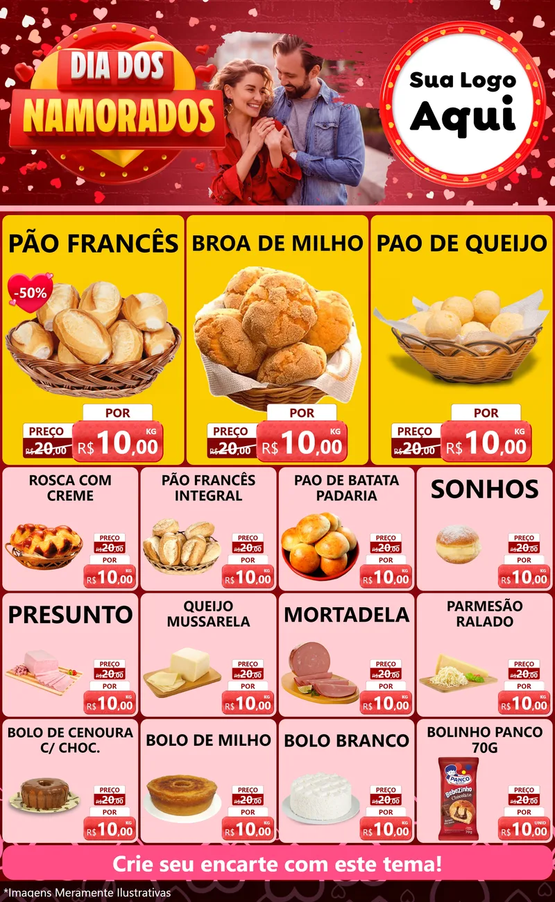 Modelo de Encarte para Encarte Grande com o tema Dia Dos Namorados para Padaria