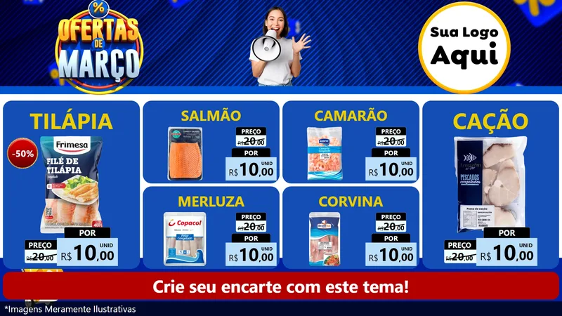 Modelo de TV para TV Horizontal com o tema Ofertas de Março para Peixaria