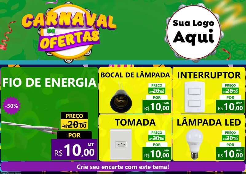 Modelo de Encarte para Encarte A4 Horizontal com o tema Carnaval de Ofertas para Materiais Elétricos