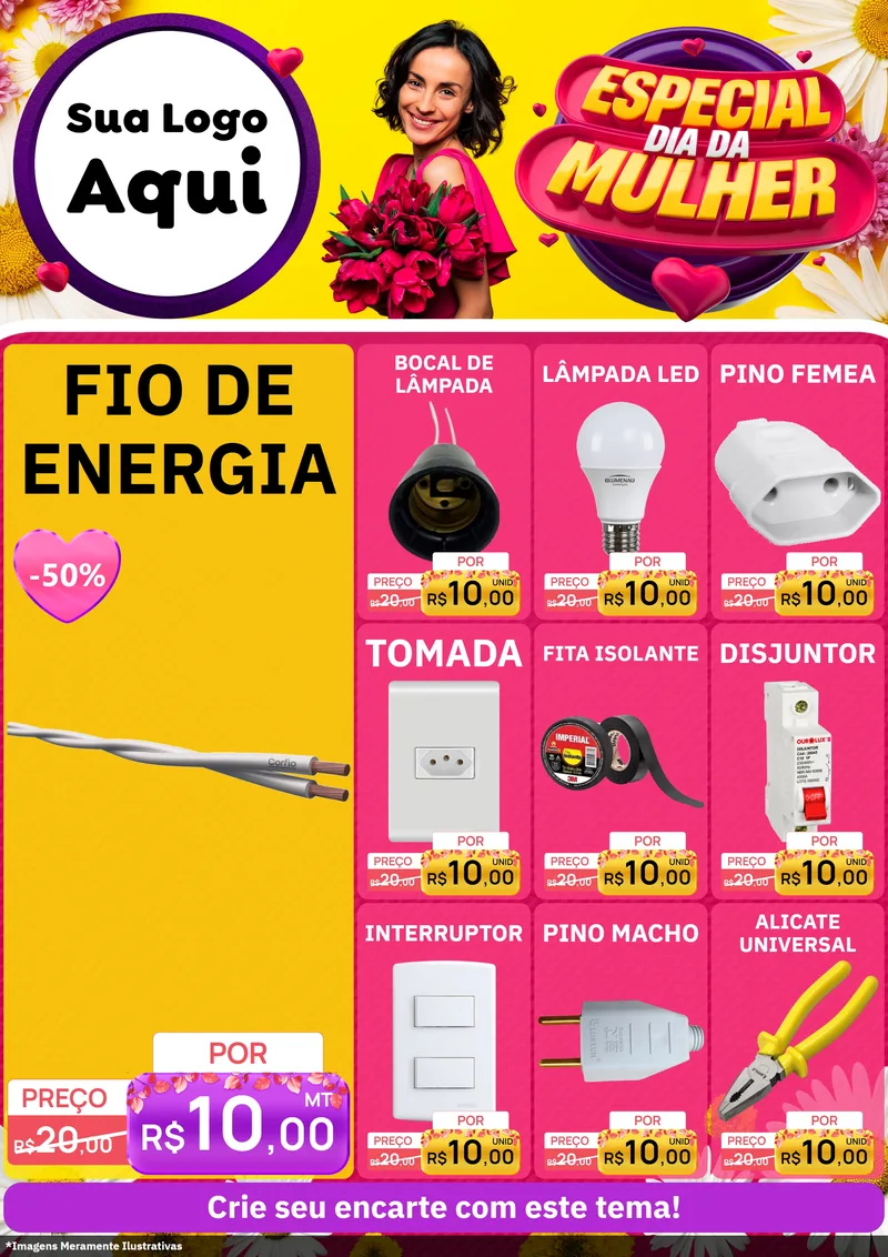 Modelo de Encarte para Encarte A4 Vertical com o tema Especial Dia da Mulher para Materiais Elétricos