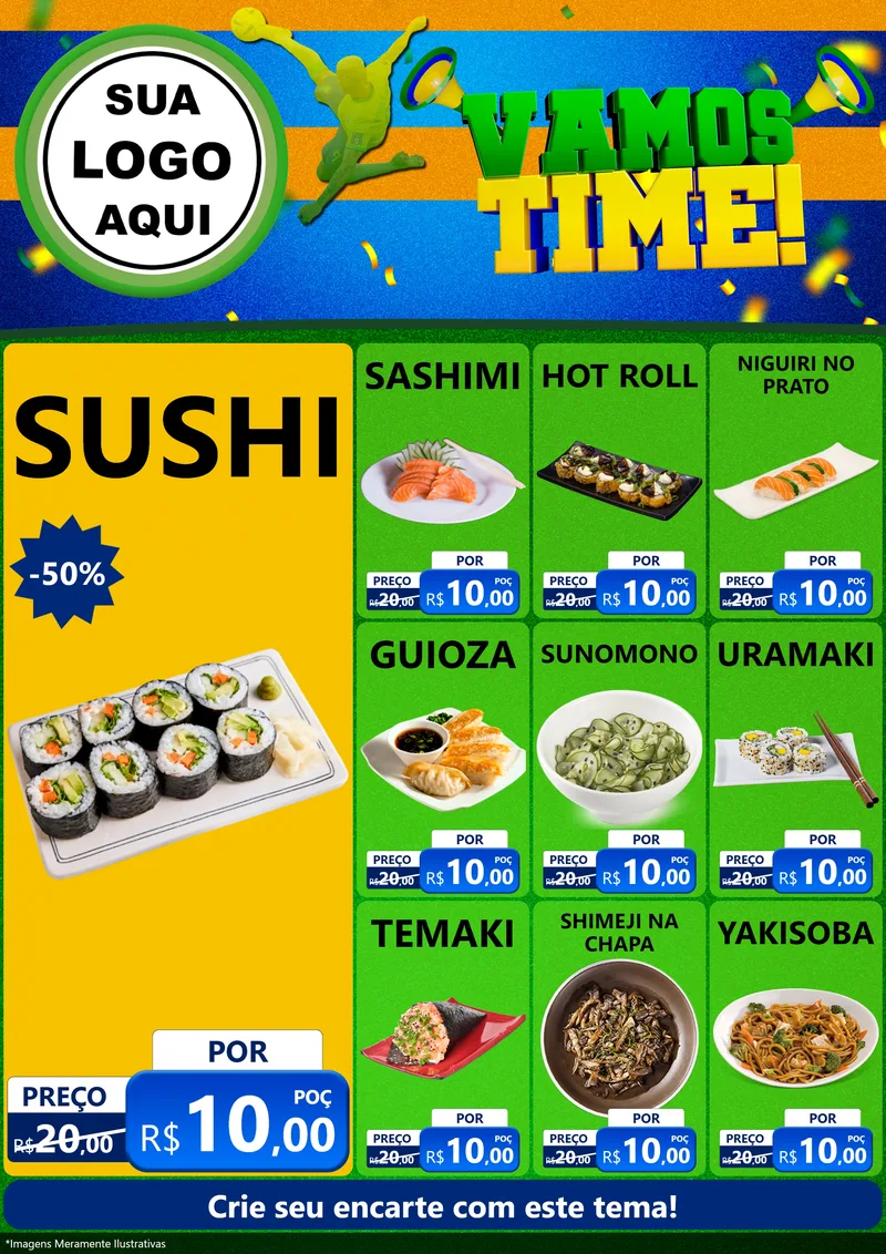 Modelo de Encarte para Encarte A4 Vertical com o tema Vamos Time! para Comida japonesa