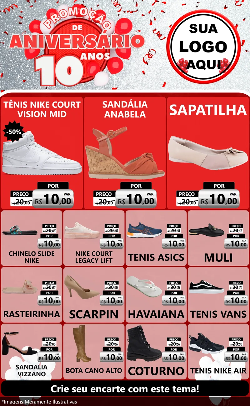 Modelo de Encarte para Encarte Grande com o tema Promoção de Aniversário - 10 Anos para Calçados