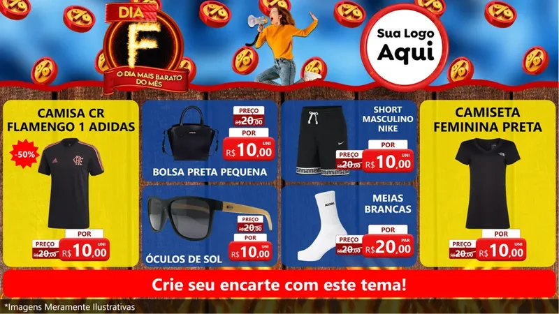 Modelo de TV para TV Horizontal com o tema Dia F - O Dia Mais Barato Do Mês para Roupas e acessórios