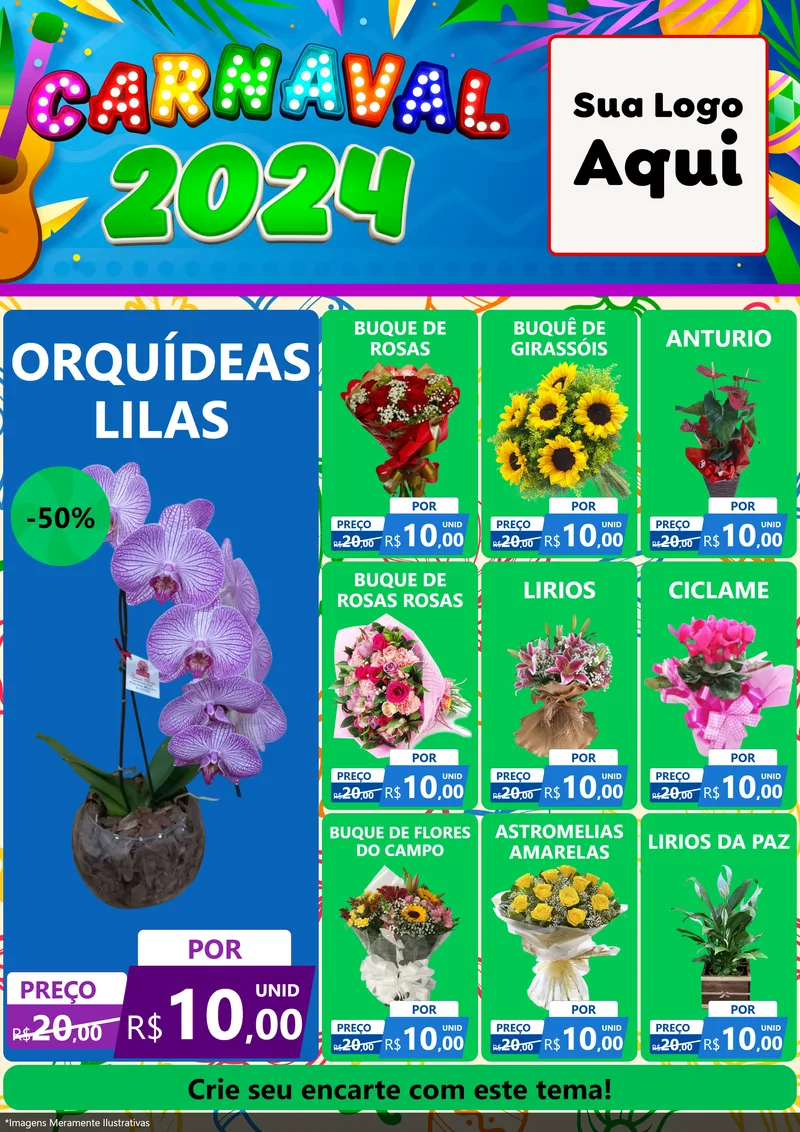 Modelo de Encarte para Encarte A4 Vertical com o tema Carnaval 2027 para Floricultura e jardim