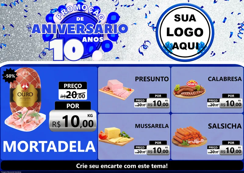 Modelo de Encarte para Encarte A4 Horizontal com o tema Promoção de Aniversário - 10 Anos para Frios e Laticínios