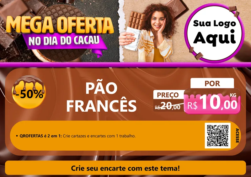 Modelo de Cartaz para Cartaz A4 Horizontal com o tema Mega Oferta no Dia do Cacau para Padaria