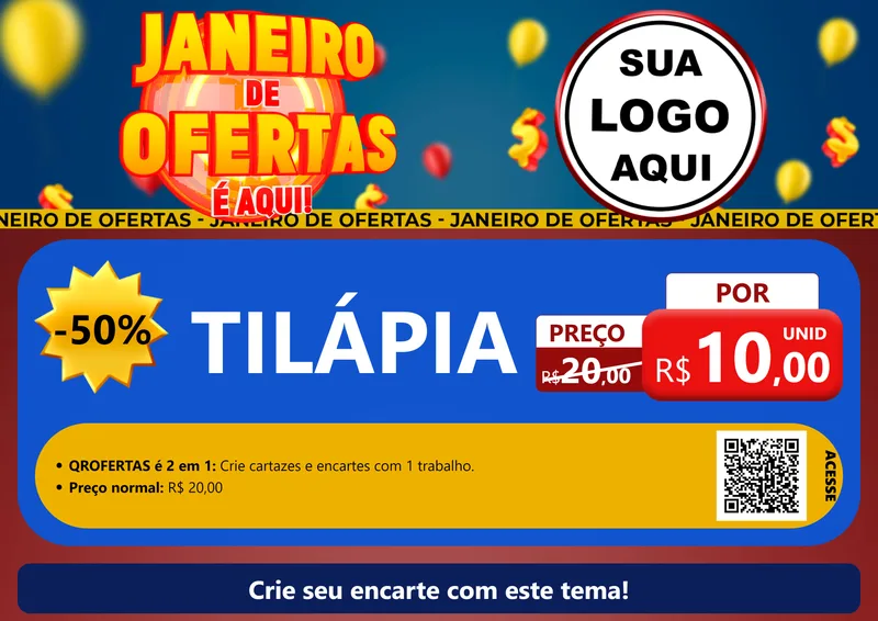 Modelo de Cartaz para Cartaz A4 Horizontal com o tema Janeiro de Ofertas É Aqui! para Peixaria