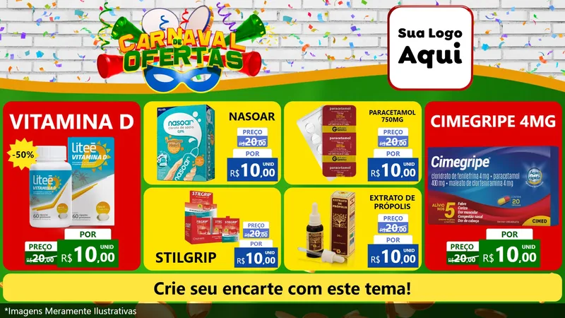 Modelo de TV para TV Horizontal com o tema Carnaval de Ofertas para Farmácia