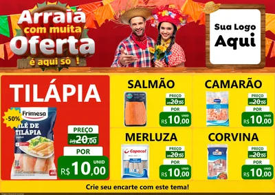 Modelo de Encarte para Encarte A4 Horizontal com o tema Arraiá Com Muita Oferta - É Aqui Sô! para Peixaria