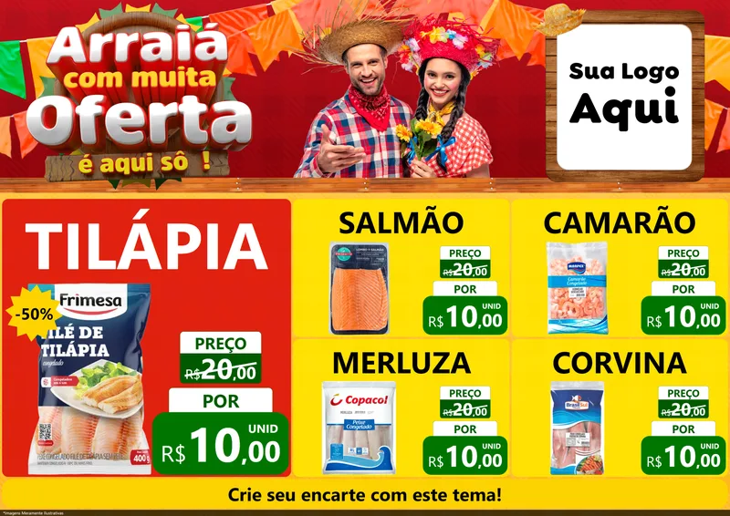 Modelo de Encarte para Encarte A4 Horizontal com o tema Arraiá Com Muita Oferta - É Aqui Sô! para Peixaria