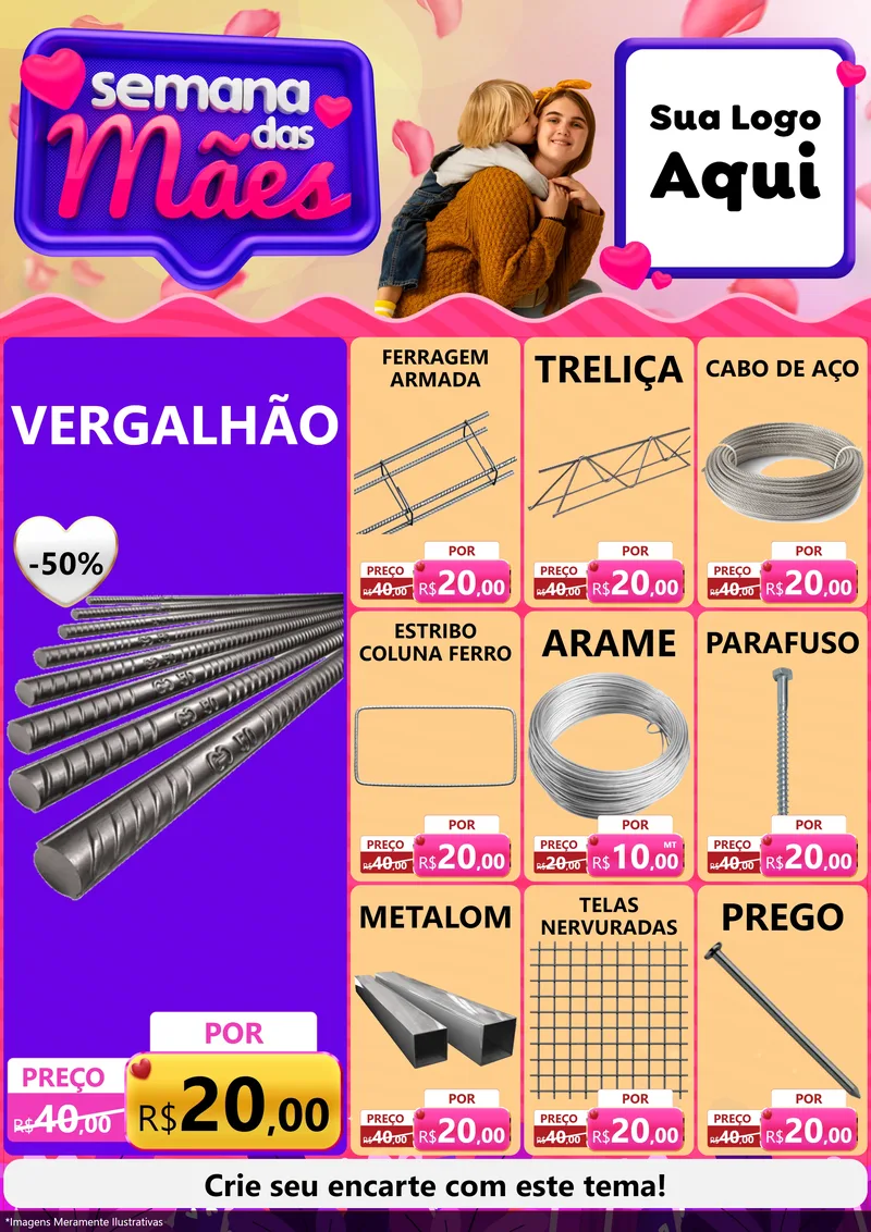 Modelo de Encarte para Encarte A4 Vertical com o tema Semana das Mães para Ferragens