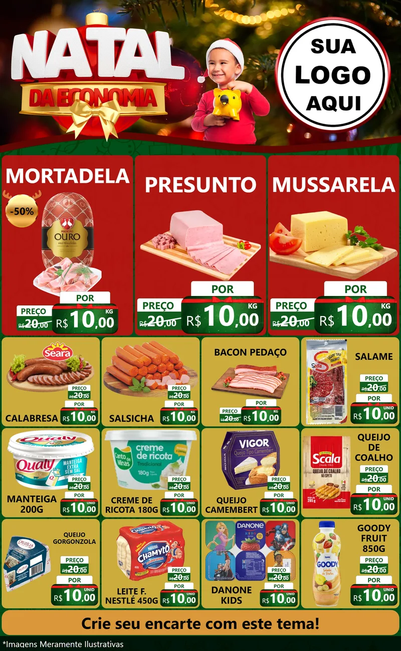 Modelo de Encarte para Encarte Grande com o tema Natal da Economia para Frios e Laticínios