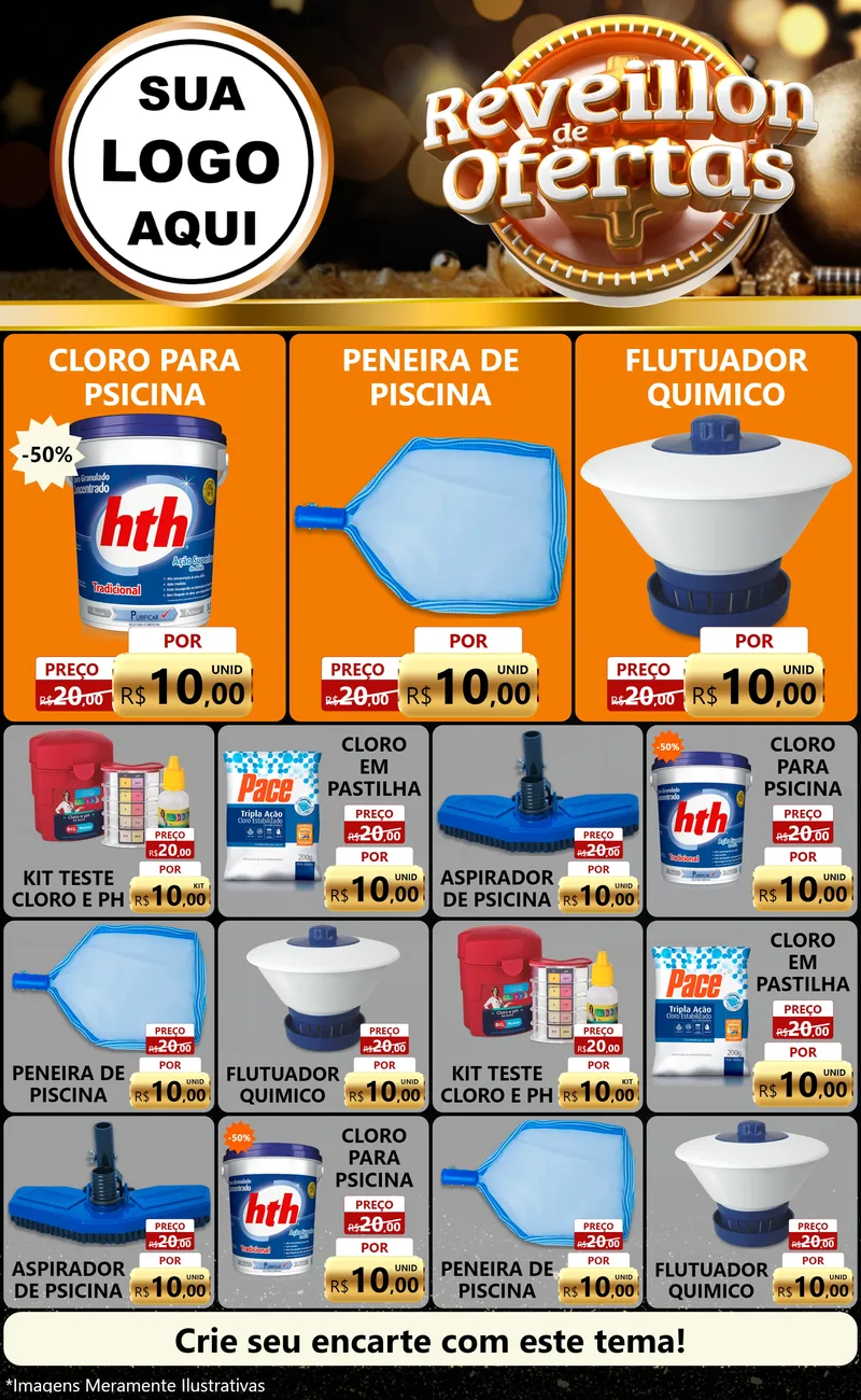 Modelo de Encarte para Encarte Grande com o tema Réveillon de Ofertas para Produtos para Piscina
