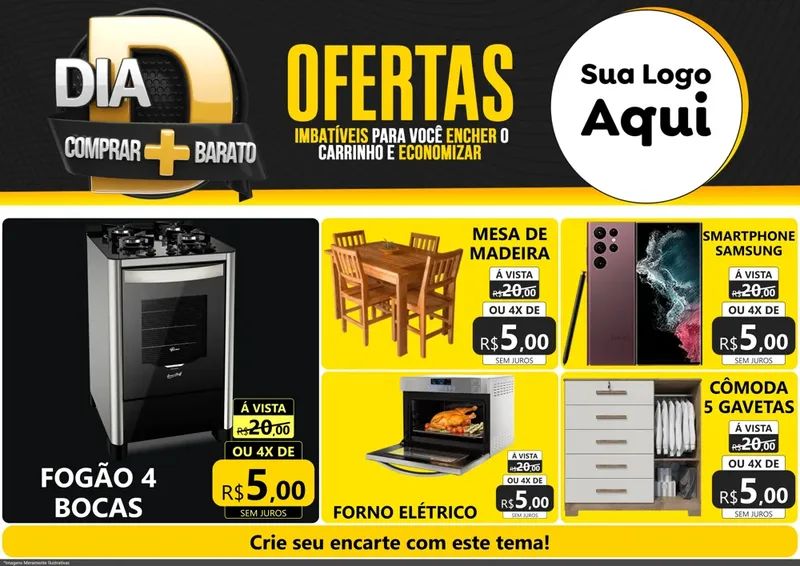 Modelo de Encarte para Encarte A4 Horizontal com o tema Dia D Mais Economia para Móveis e Eletro