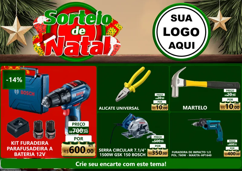 Modelo de Encarte para Encarte A4 Horizontal com o tema Sorteio de Natal para Maquinas e Ferramentas