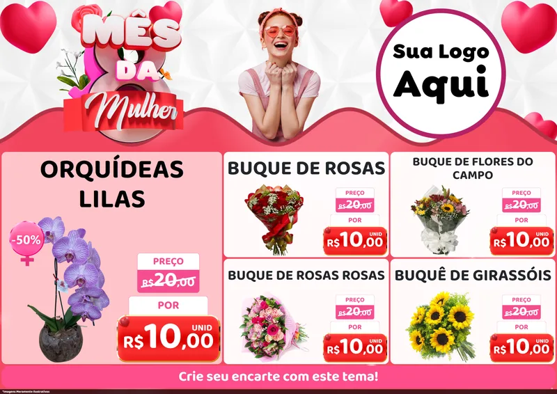 Modelo de Encarte para Encarte A4 Horizontal com o tema Mês da Mulher para Floricultura e jardim