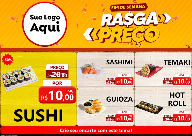 Modelo de Encarte para Encarte A4 Horizontal com o tema Fim de Semana Rasga Preços para Comida japonesa
