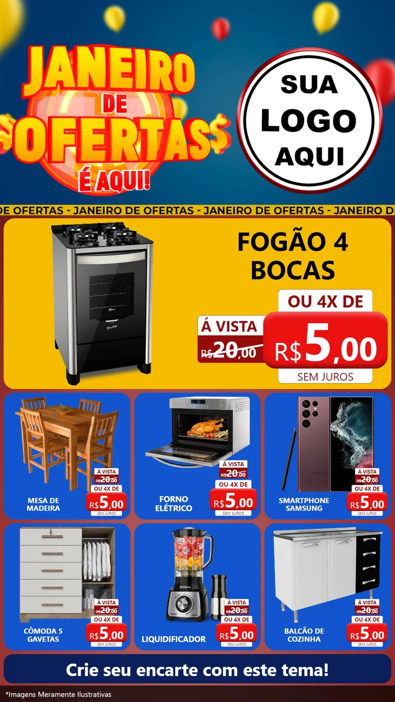 Modelo de Rede Social para Stories com o tema Janeiro de Ofertas É Aqui! para Móveis e Eletro