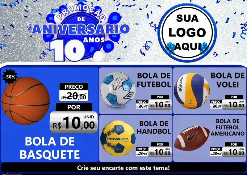 Modelo de Encarte para Encarte A4 Horizontal com o tema Promoção de Aniversário - 10 Anos para Artigos Esportivos