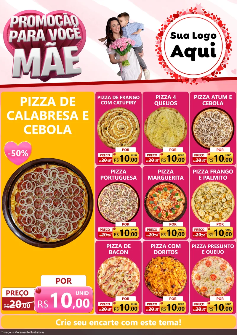 Modelo de Encarte para Encarte A4 Vertical com o tema Promoção Para Você Mãe para Pizzaria