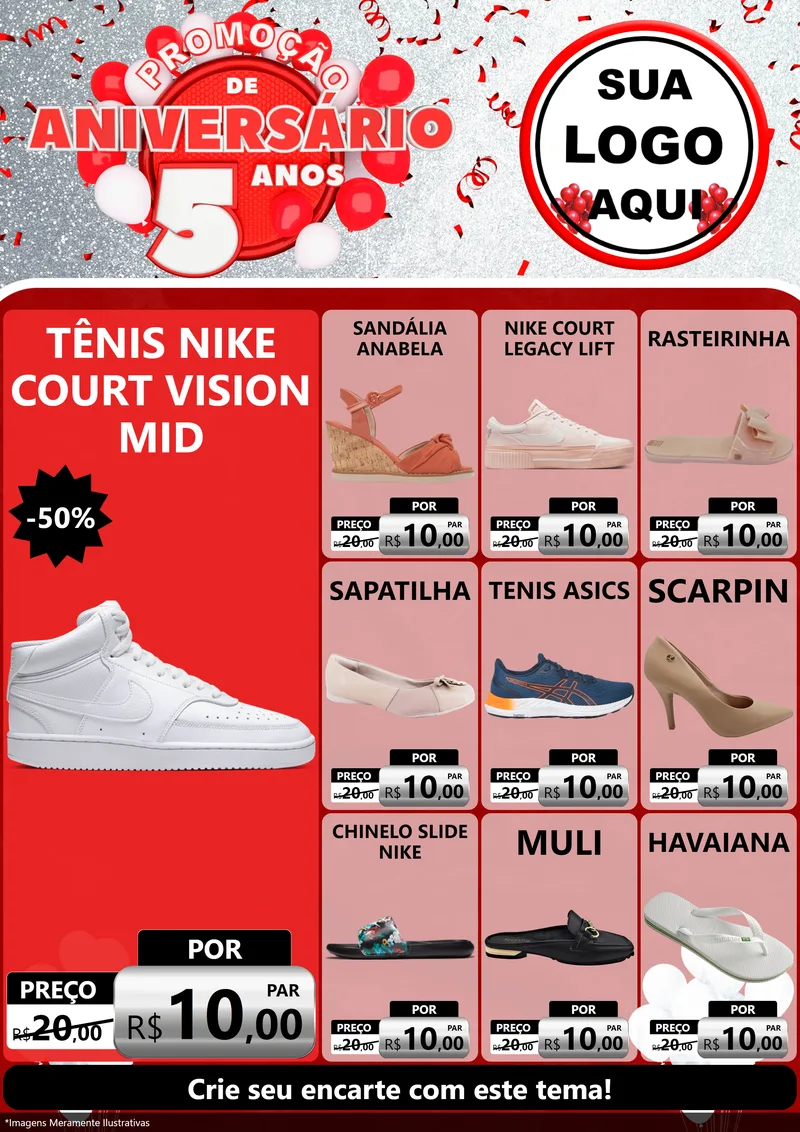 Modelo de Encarte para Encarte A4 Vertical com o tema Promoção de Aniversário - 5 Anos para Calçados