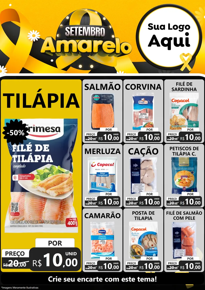 Modelo de Encarte para Encarte A4 Vertical com o tema Setembro Amarelo para Peixaria