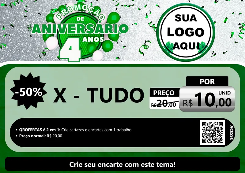 Modelo de Cartaz para Cartaz A4 Horizontal com o tema Promoção de Aniversário - 4 Anos para Hamburgueria