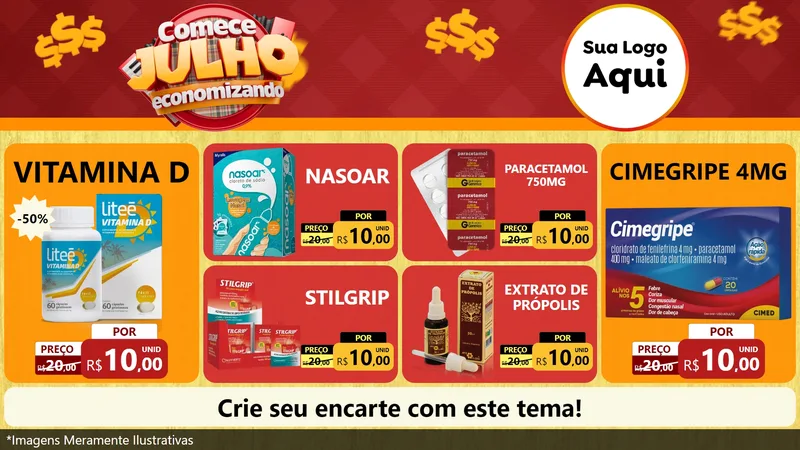 Modelo de TV para TV Horizontal com o tema Comece Julho Economizando para Farmácia