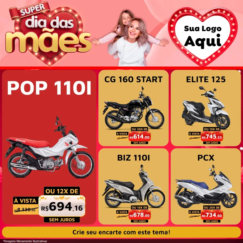 Modelo de Rede Social para Feed Facebook com o tema Super Dia Das Mães para Concessionaria de Motos