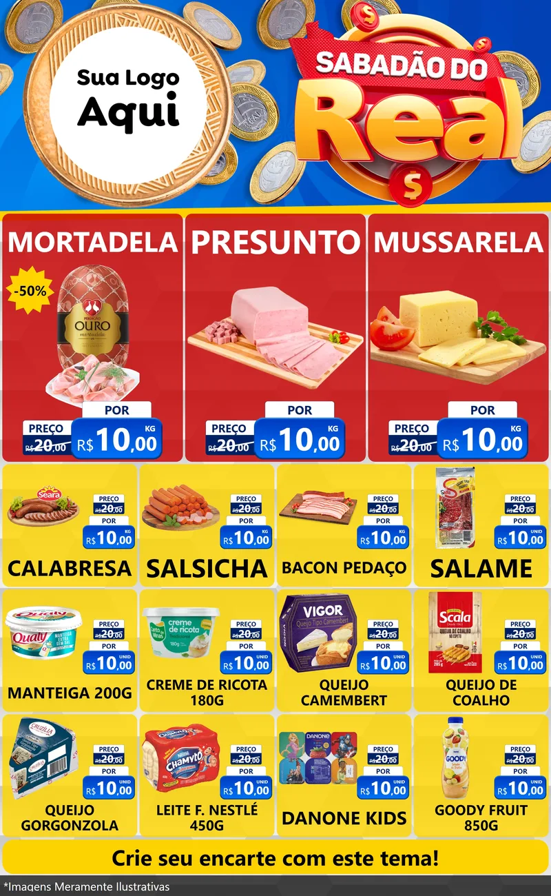 Modelo de Encarte para Encarte Grande com o tema Sabadão do Real para Frios e Laticínios