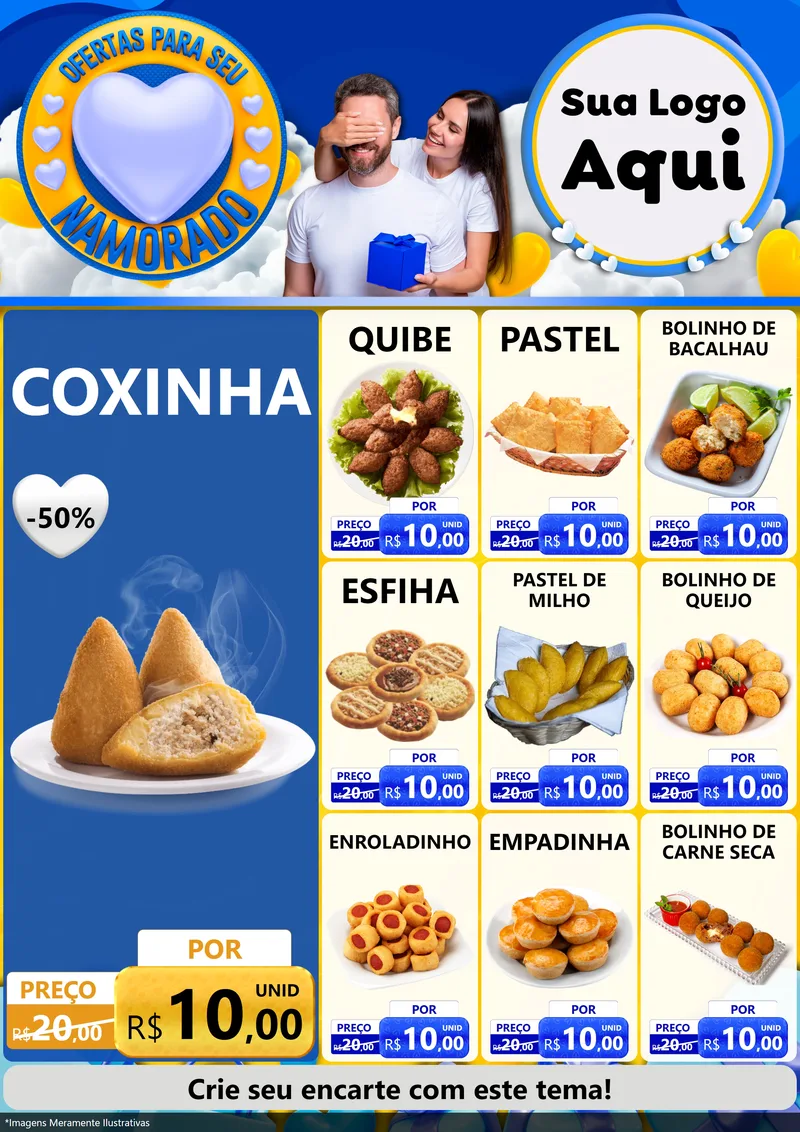 Modelo de Encarte para Encarte A4 Vertical com o tema Ofertas Para Seu Namorado para Salgadaria