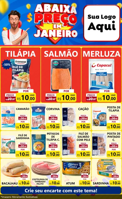 Modelo de Encarte para Encarte Grande com o tema Abaixa Preço em Janeiro para Peixaria
