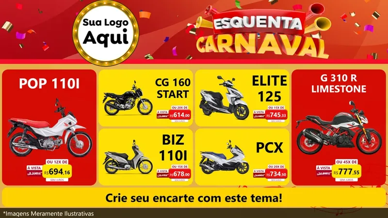 Modelo de TV para TV Horizontal com o tema Esquenta Carnaval para Concessionaria de Motos