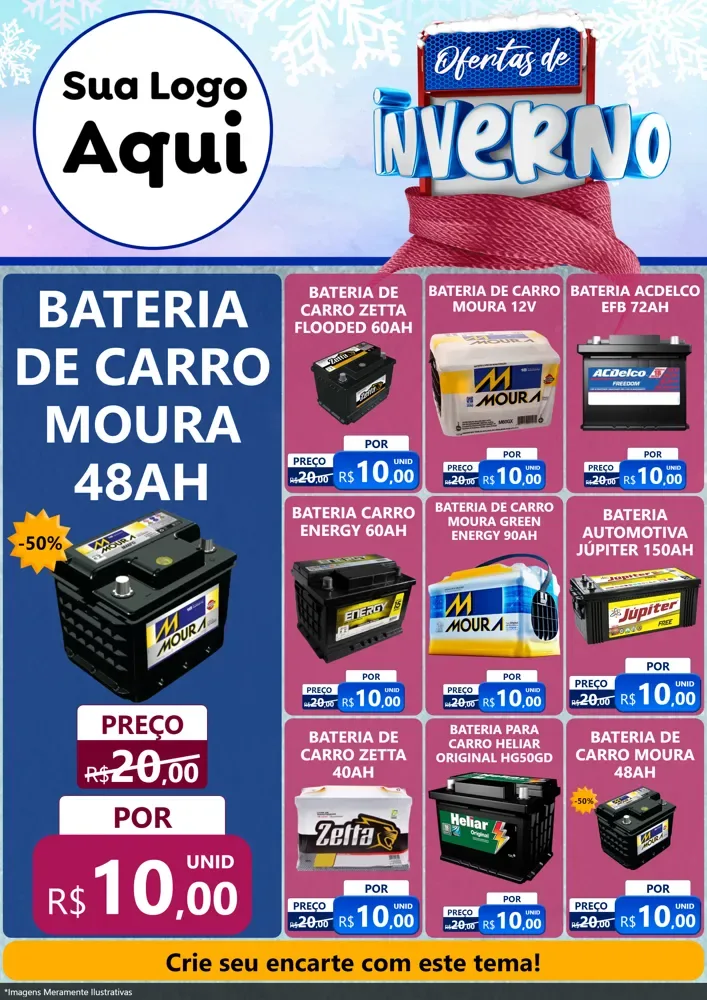 Modelo de Encarte para Encarte A4 Vertical com o tema Ofertas de Inverno para Baterias Elétricas