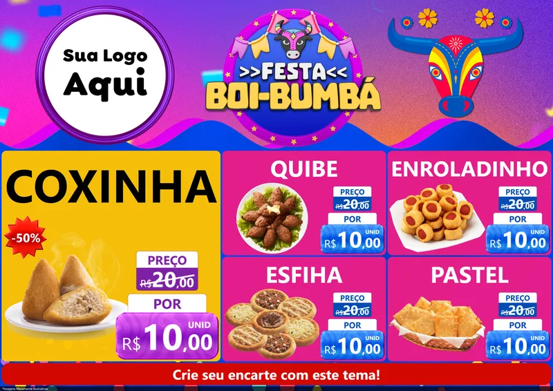 Modelo de Encarte para Encarte A4 Horizontal com o tema Festa Boi-Bumbá para Salgadaria