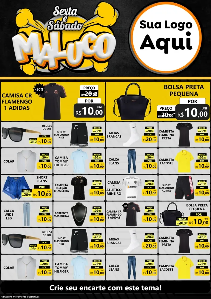 Modelo de Encarte para Encarte A4 Vertical com o tema Sexta e Sábado Maluco para Roupas e acessórios