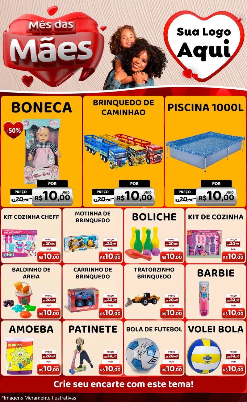 Modelo de Encarte para Encarte Grande com o tema Mês das Mães para Brinquedos