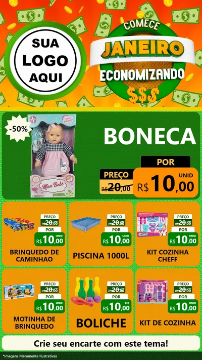Modelo de Rede Social para Stories com o tema Comece Janeiro Economizando para Brinquedos