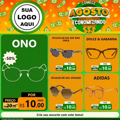 Modelo de Rede Social para Feed Facebook com o tema Comece Agosto Economizando para Óticas