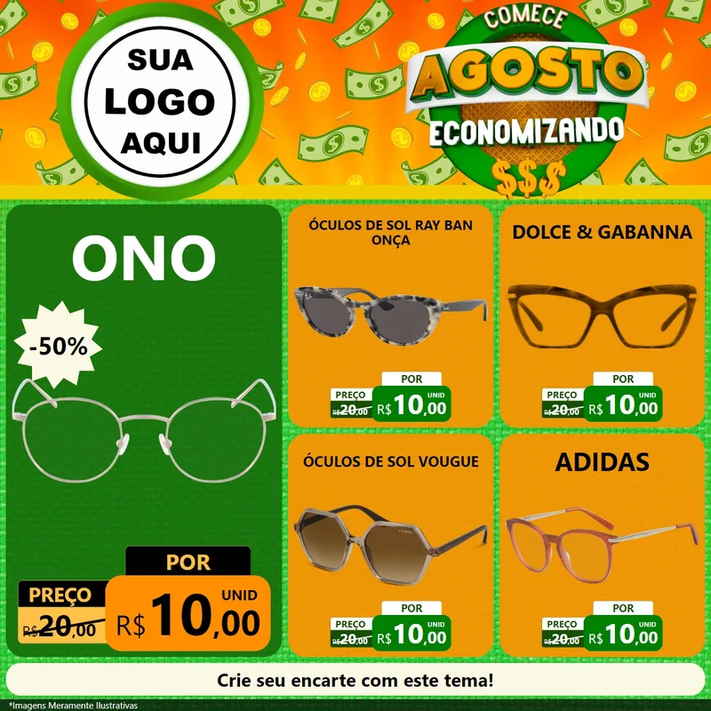 Modelo de Rede Social para Feed Facebook com o tema Comece Agosto Economizando para Óticas
