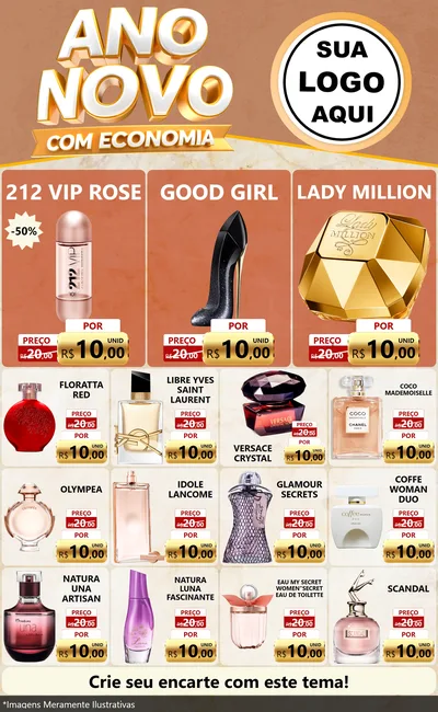Modelo de Encarte para Encarte Grande com o tema Ano Novo Com Economia para Perfumes