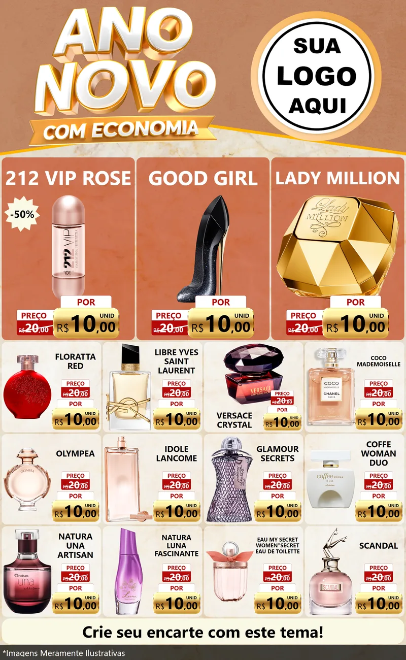 Modelo de Encarte para Encarte Grande com o tema Ano Novo Com Economia para Perfumes