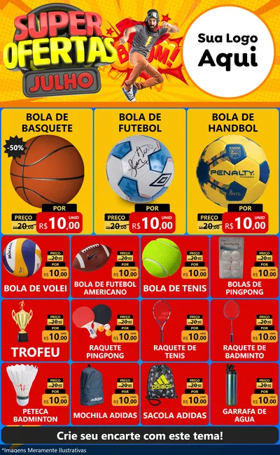 Modelo de Encarte para Encarte Grande com o tema Super Ofertas Julho para Artigos Esportivos