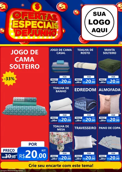Modelo de Encarte para Encarte A4 Vertical com o tema Ofertas Especiais de Junho para Cama, Mesa e Banho