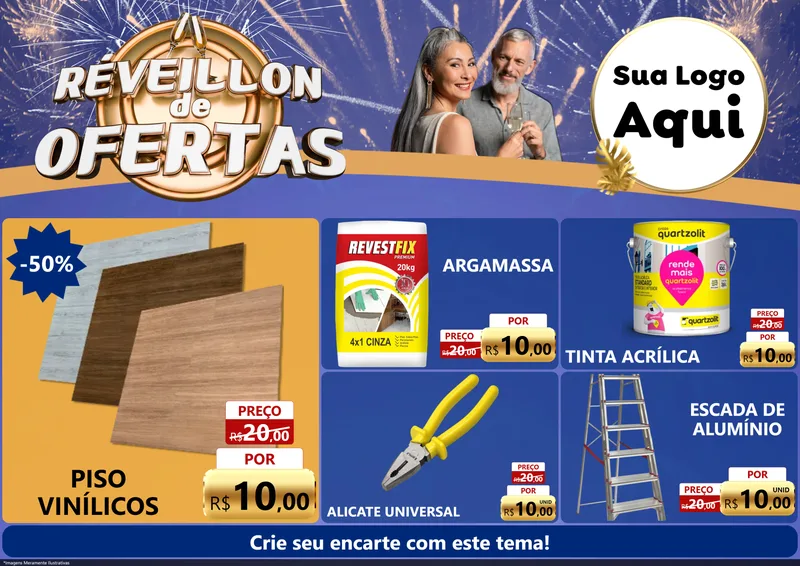 Modelo de Encarte para Encarte A4 Horizontal com o tema Réveillon de Ofertas para Material para Construção