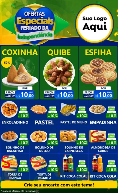 Modelo de Encarte para Encarte Grande com o tema Ofertas Especiais Feriado da Independência para Salgadaria