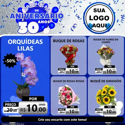 Modelo de Rede Social para Feed Facebook com o tema Promoção de Aniversário - 30 Anos para Floricultura e jardim